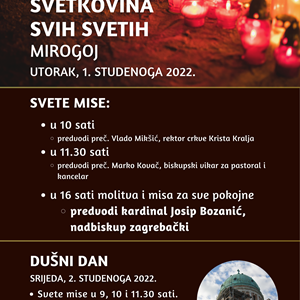 Raspored svetih misa na groblju Mirogoj, Miroševac i Markovo polje na svetkovinu Svih svetih